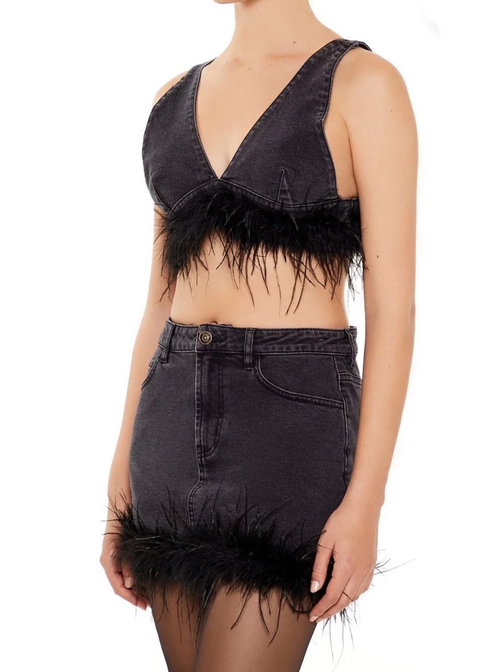Forever 21 Black Denim skirt with feather trim detail - medium